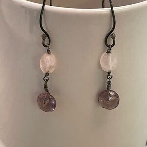 VINTAGE Bohemian Rose Quartz and Purple Glass Dangle Earrings